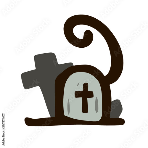 Halloween Tombstone with Cross and Black Cat Tail Vector Illustration
