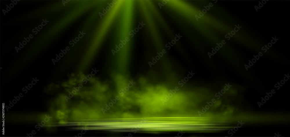 Obraz premium Realistic lime green smoke or haze, overlay overlay effect on a dark background, magic fog, vapor on floor. Abstract vector illustration