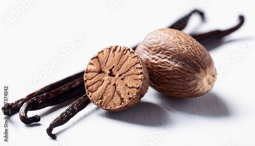 whole and halved nutmeg with dark vanilla beans