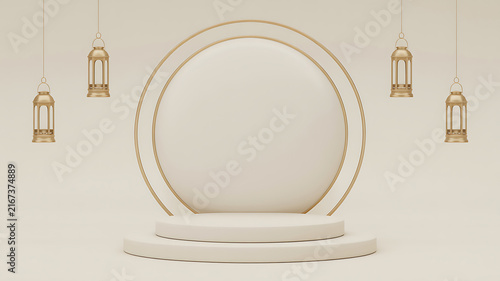 White empty product display podium with circular arch backdrop and hanging gold ramadan lanterns
