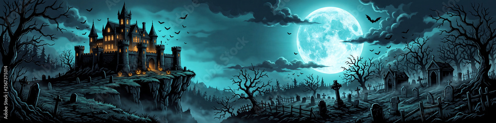 Obraz premium Spooky Haunted Castle on a Cliff under Full Moon in a Dark Gothic Cemetery Landscape