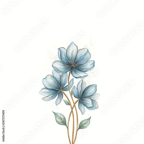 Three delicate blue flowers with golden stems and green leaves isolated on a transparent background