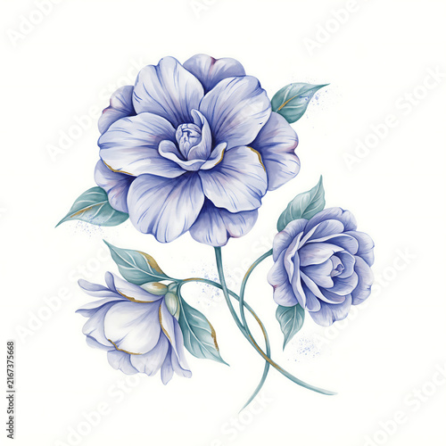 Three purple camellia flowers with green leaves on stems isolated on a transparent background