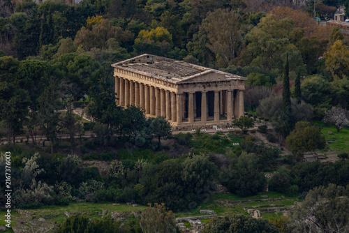 Canvastavla Aerial view of the ancient Temple of Hephaestus, a remarkably preserved Doric peripteral temple, nestled within the lush greenery of the Ancient Agora of Athens, Greece