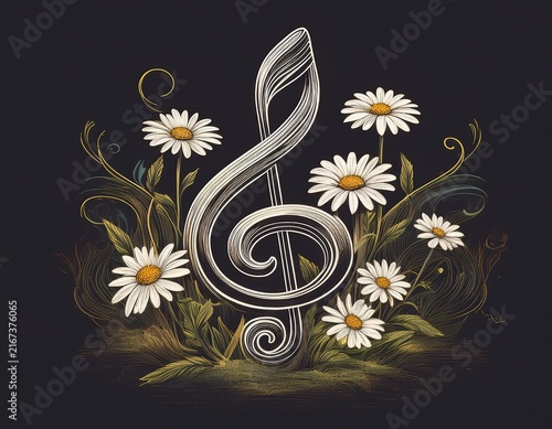 a simple and clean line art depiction of a treble clef growing into a small daisy flower