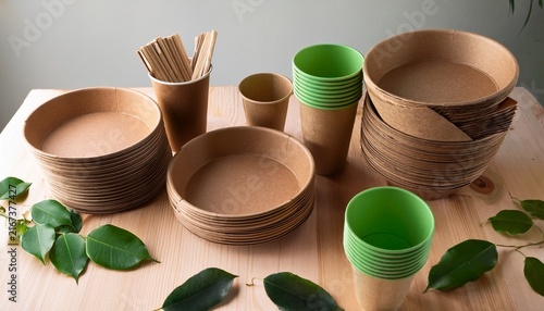 eco friendly paper tableware includes green and brown cups plates and bowls perfect for sustainable dining ideal for events these biodegradable products enhance any gathering