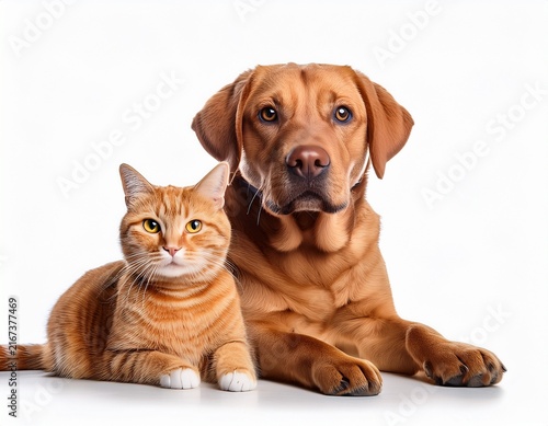 brown labrador dog and orange tabby cat sitting together isolated on white background