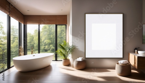 luxury spa inspired bathroom with a freestanding bathtub large windows and an empty poster frame mock up for wall art design