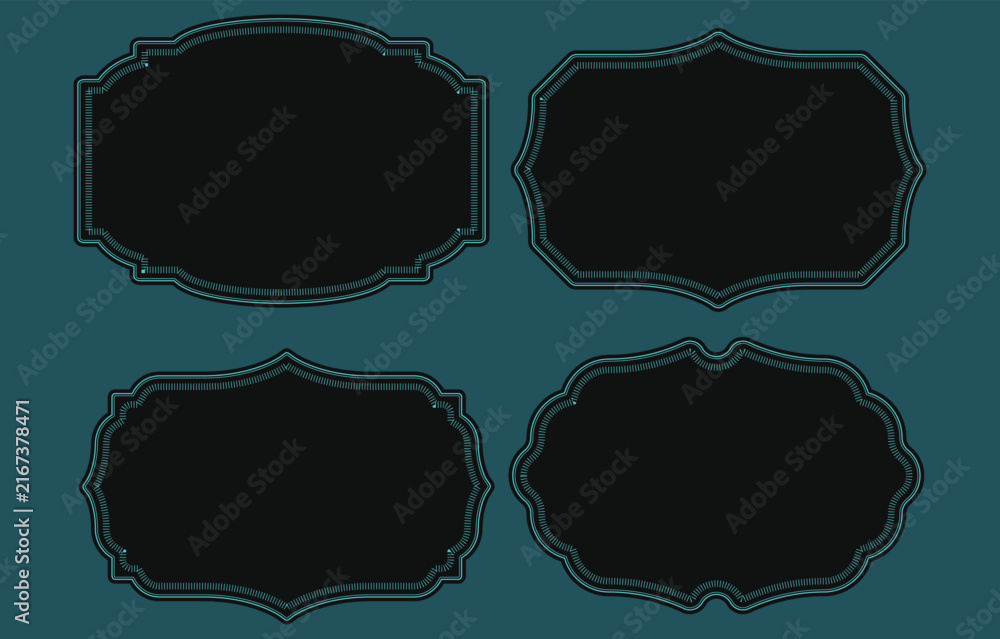 Fototapeta premium set of four vintage ornate black frames with bright cyan stitched borders isolated on dark background for retro labels and badge designs