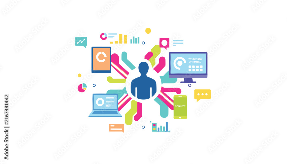 Fototapeta premium Omnichannel customer engagement concept showing integrated digital devices and business data analytics.