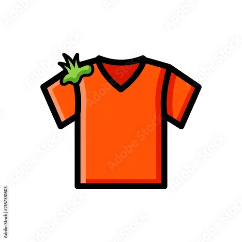 Dirty shirt icon with green stain on orange fabric