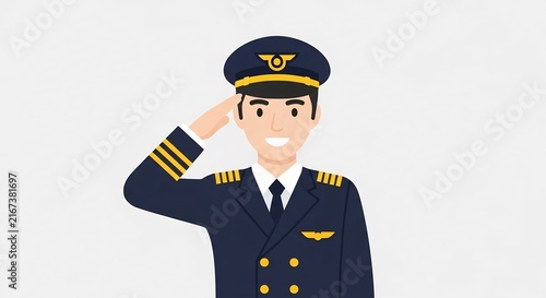 Pilot character in navy uniform saluting illustration