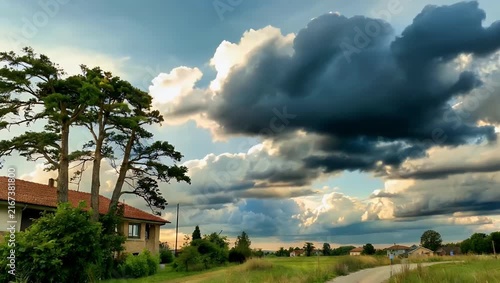 dramatic ultra-high-quality 4K time-lapse sequence captures weather changes over a rural landscape showing rapidly shifting clouds and lighting conditions creating a dynamic and cinematic visual