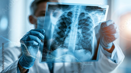 Plakat Medical professional holding a radiograph, analyzing patient lungs with integrated technology, ensuring precise healthcare