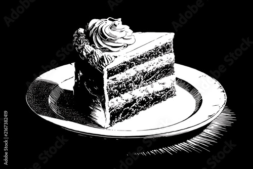 Chocolate cake slice on a plate black and white woodcut style illustration