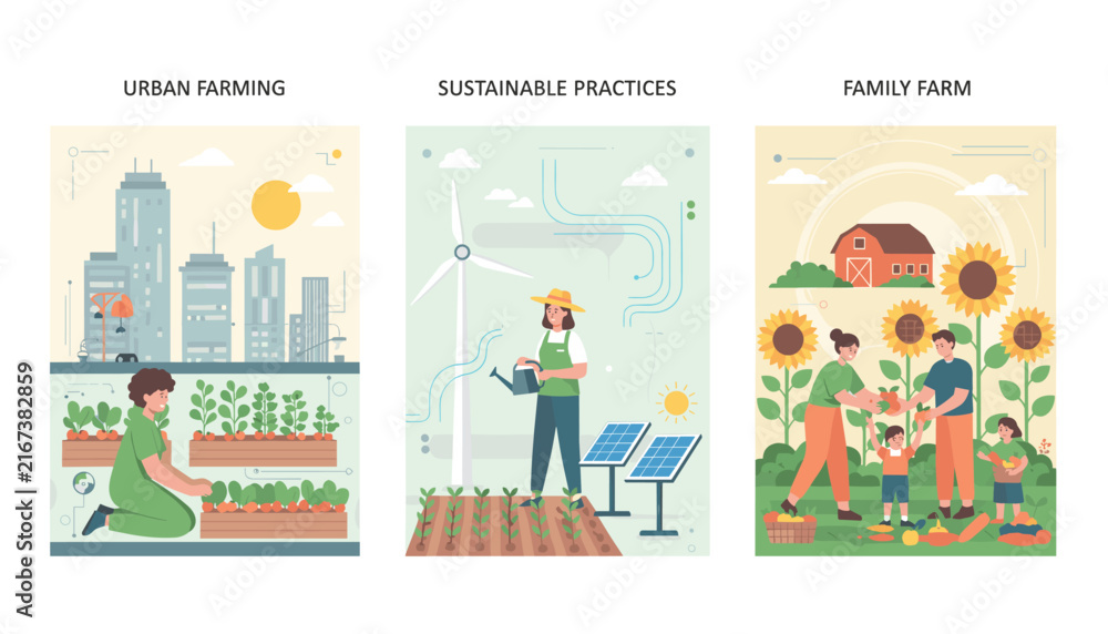 Fototapeta premium Conceptual poster trilogy highlighting urban farming, sustainable agricultural practices, and traditional family farming methods.