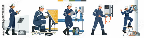 Industrial Technicians and Electrical Engineers Maintenance Set with Solar Panel Installation, Pipe Pressure Monitoring, and Power System Repair Illustrations for Renewable Energy Industry