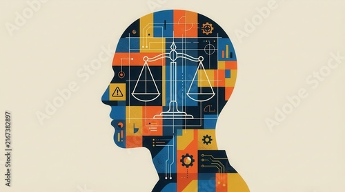 Balance scale within an abstract human head representing ethical control, accountability, justice, and ai governance of artificial intelligence.