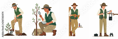 Set of Park Rangers and Foresters Vector Illustration: Professional Environmentalists Planting Trees, Researching Nature, and Monitoring Wildlife for Conservation and Sustainability
