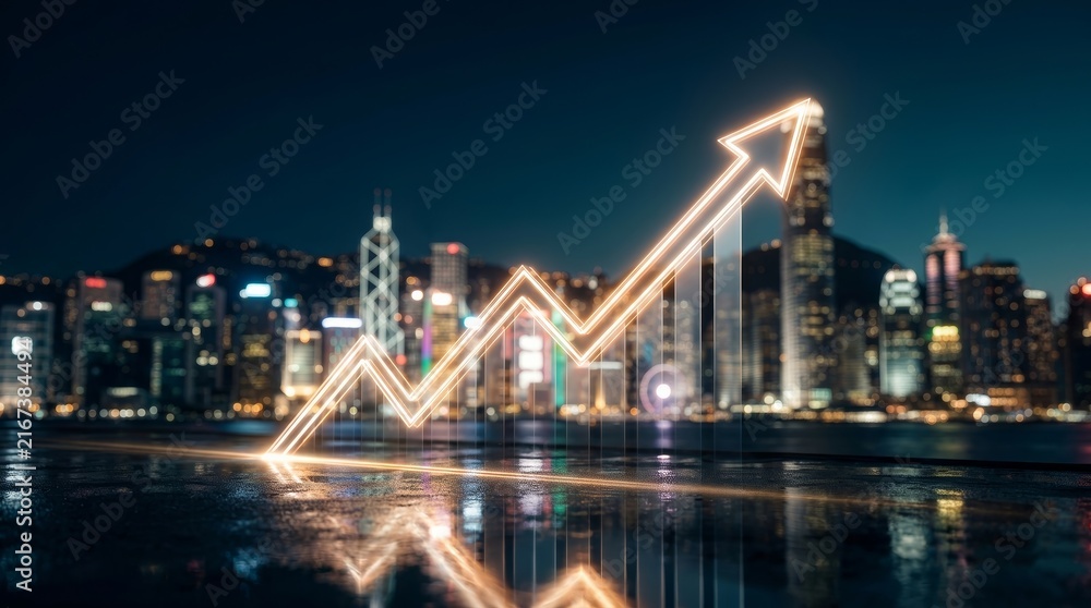 Obraz premium Nighttime city skyline featuring a luminous upward trend arrow symbolizing economic progress.