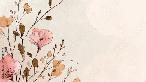 Subtle botanical texture background with watercolor outline flowers and leaves. - minimal style.