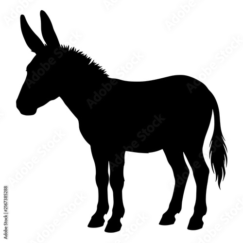 Canvas Print Black silhouette of a standing donkey isolated on a white background, side profi