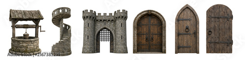 Medieval well, castle gate, stone staircase and wooden doors collection