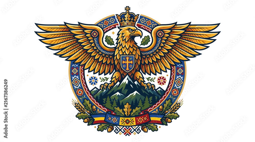 Fototapeta premium Ornate Eagle Emblem with Mountain and Shield.