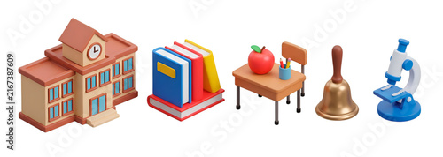 Cute 3D School Education Icons Set Building Books Desk Bell Microscope Isolated on Transparent