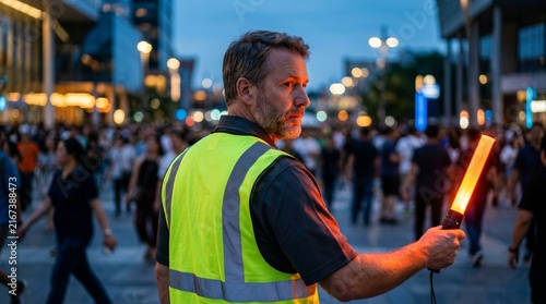 Safety professional guiding a large crowd of people using a glowing neon baton at night.
