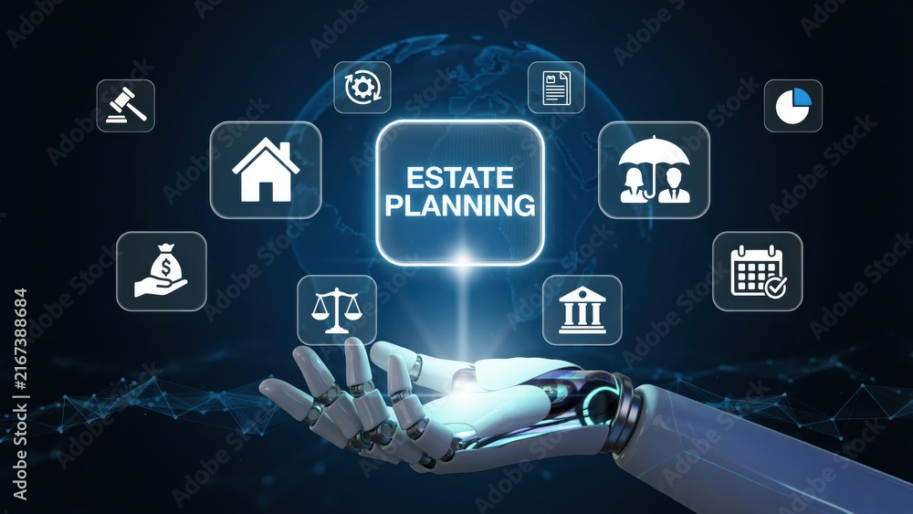 Naklejka premium Robotic hand presenting a glowing estate planning interface with for law, finance, real estate, and family protection on a dark background