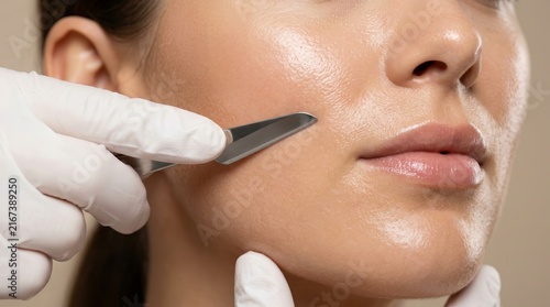 Esthetician performing dermaplaning exfoliation on a woman's face.