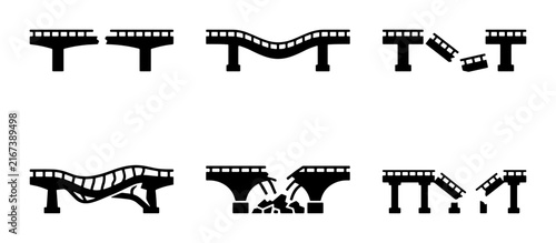 Bridge Collapse Icons, Structural Failure Vector Set, Damaged Infrastructure Symbols