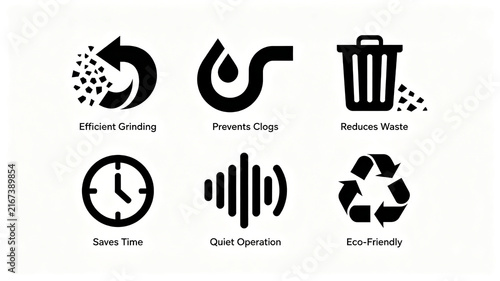 Grinding pipeline garbage bin clock cycle icon, representing anti blocking, noise reduction, time-saving and environmentally friendly, suitable for garbage disposal poster selling point layout.
