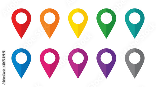 Map pin icon set in vibrant assorted colors representing location tracking navigation destination and geography markers for digital application interface design and web development projects