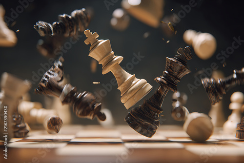 Chess pieces in mid air a dramatic 3d rendering on a checkered game board