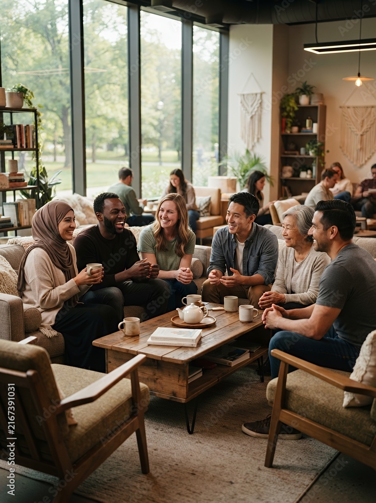 Fototapeta premium Diverse Group Of Friends Enjoying Coffee In A Bright Modern Cafe Interior