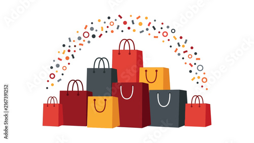 Colorful shopping bags stacked with festive decorative arch of stars, circles, and dots symbolizing retail celebration, consumerism, holiday sales, and shopping promotions