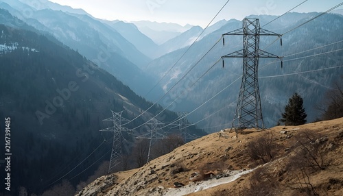 Power Lines and Transmission Towers Spanning a Snow Covered Valley, Winter Electricity Infrastructure Across Mountain Landscape
