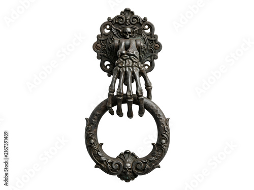 Gothic skeleton hand door knocker, ornate bronze skull hardware, antique macabre home decor, vintage metal ring knocker for haunted house isolated on Transparent Background