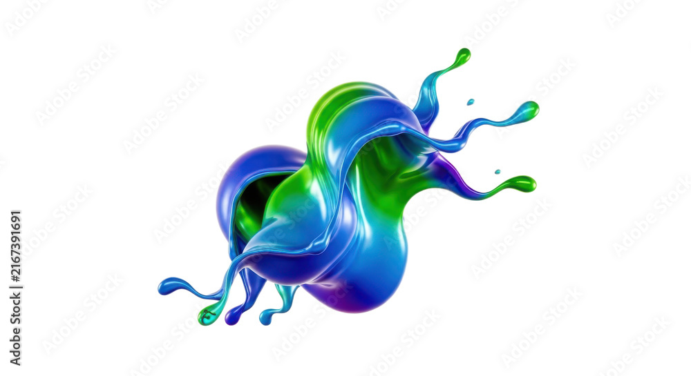 Fototapeta premium Vibrant, flowing liquid splashes in dynamic motion with iridescent colors and glossy textures against a pristine white background