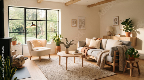 Modern living room interior with fireplace and large window to forest