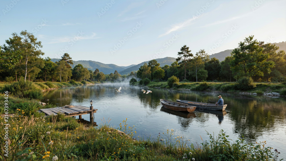 Fototapeta premium Wide river flowing through dense green forest with clear blue sky and calm