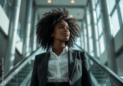 Confident African American Businesswoman in Suit Standing in Modern Office Lobby