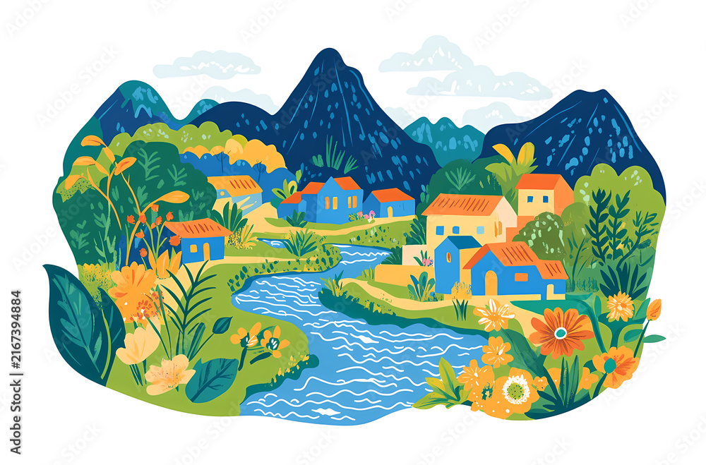 Naklejka premium A Peaceful Mountain Village by the River