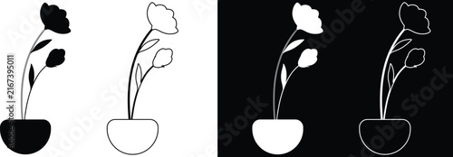 Potted blooming poppy rose flowers in a round bowl planter vector icon set featuring solid silhouettes, linear outlines, and inverted black and white variations.