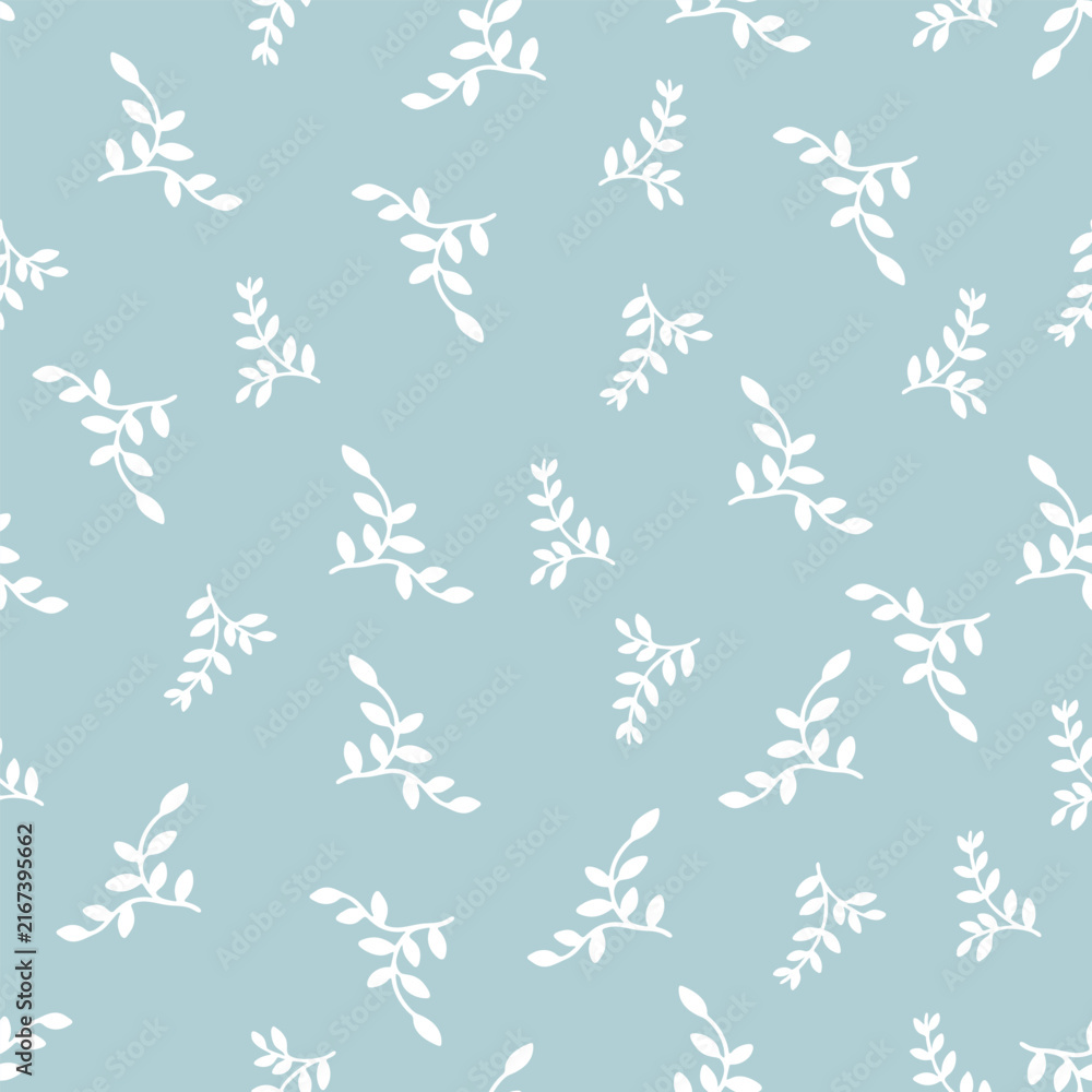 Fototapeta premium Hand drawn white leaf vines and botanical branches scattered seamless pattern on soft dusty blue background. Minimalist simple greenery foliage, organic leafy sprigs vector illustration.