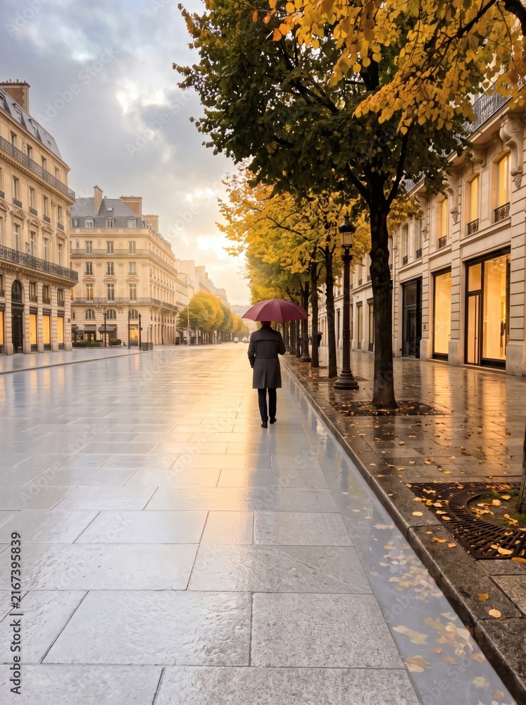 Fototapeta premium Person with Umbrella Walks on Wet Autumn City Street at Sunrise
