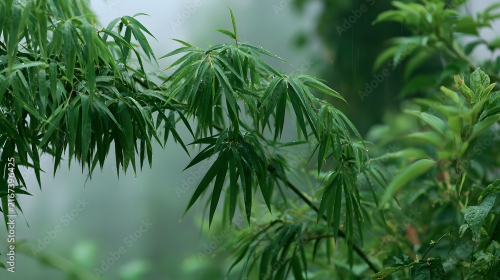 Naklejka premium Green bamboo leaves glisten with raindrops against a soft blurred forest background evoking a tranquil natural atmosphere