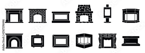 Set of twelve black fireplace and stove icons featuring a variety of styles from classic column and brick arch designs to modern freestanding and ornate antique hearths
